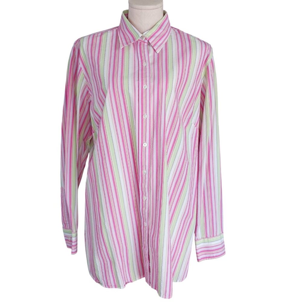Lands End Seersucker Pastel Stripe Button Up Collared Shirt Womens 1X 16W-18W - Picture 3 of 11